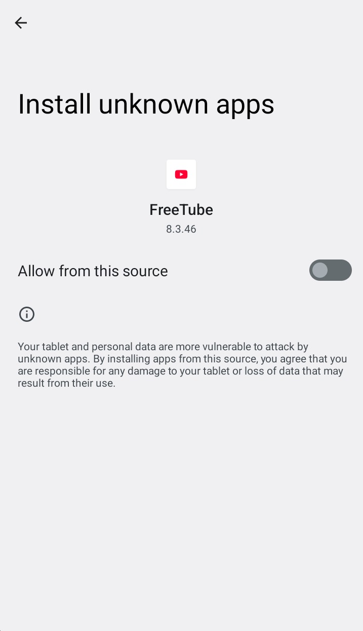 Install unknown apps screen for FreeTube 8.3.46, with the allow switch off